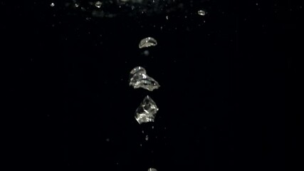 Slow motion air bubbles in water rising up to the surface on isolated black background. Slowmotion air bubbles floating under transparent water bubbles in aquarium