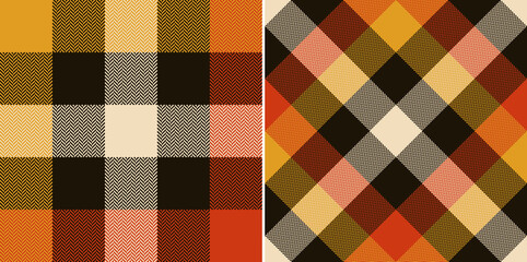 Plaid vector pattern in black, orange, mustard yellow, off white. Seamless large herringbone tartan check graphic background for scarf, blanket, duvet cover, other modern fashion textile print. - 446655857