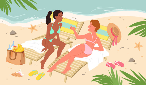 Beauty girls on tropical exotic sea beach with palm trees vector illustration. Cartoon young beautiful woman characters in bikini swimsuit relax, talking lying together on beach loungers background