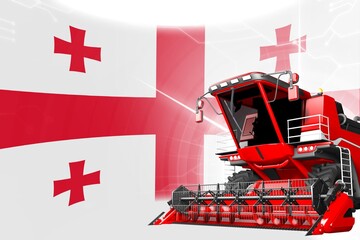 Agriculture innovation concept, red advanced rural combine harvester on Georgia flag - digital industrial 3D illustration