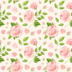 Red roses seamless pattern. Flowers, buds and rose petals. Floral pattern on pink background, vintage style. Watercolor clipart.