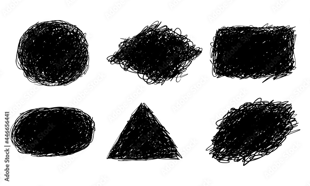 Poster set of hand drawn scribble doodles in shapes. abstract lines on white background forming a chaotic a