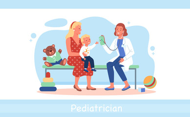 Cartoon doctor woman character and kid boy patient playing together, medic pediatrician examining child health in hospital isolated on white. Happy family on pediatrician checkup vector illustration
