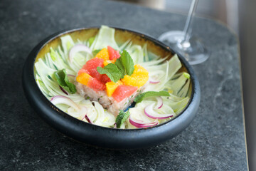 Delicious white fish ceviche with grapefruit and orange