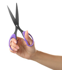 Woman holding office scissors isolated on white, closeup