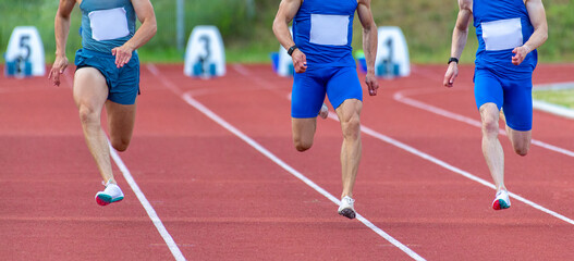 Naklejka premium Athletics people running on the track field. Professional sport concept. Horizontal sport poster, greeting cards, headers, website