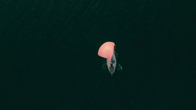 Aerial top down view of a sailboat with pink sail moving on the sea