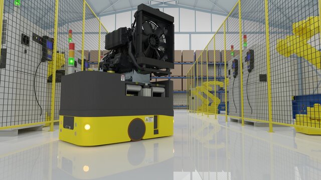 Factory 4.0 concept: The AGV (Automated guided vehicle)  is carrying engine in smart factory. 3D illustration