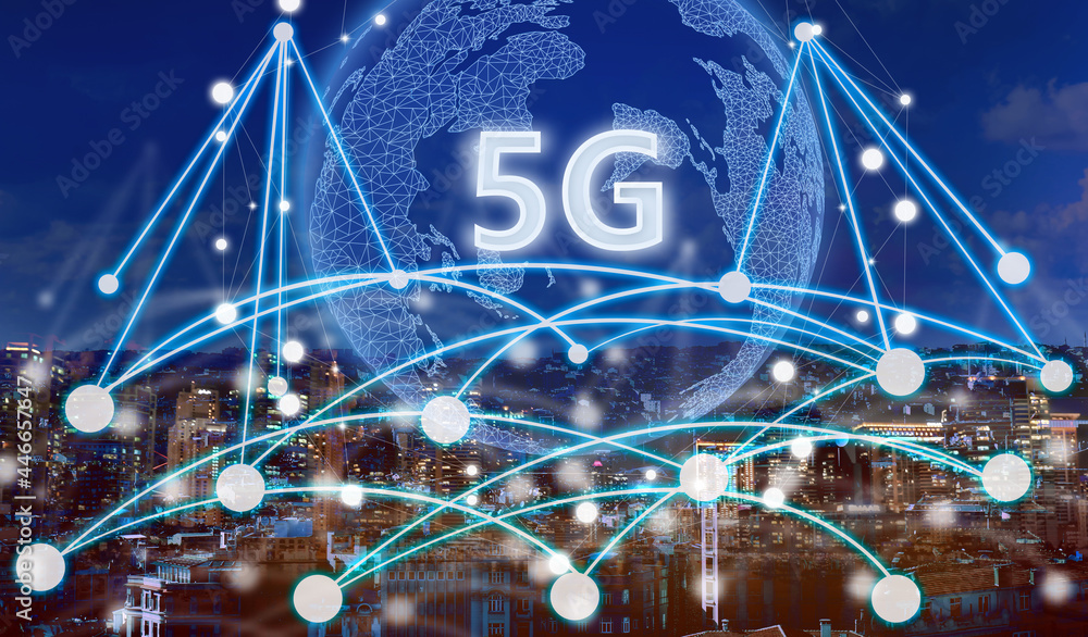 Poster 5g network wireless system. beautiful cityscape and network connection lines