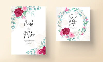 wedding invitation card with beautiful blooming lily and rose flower