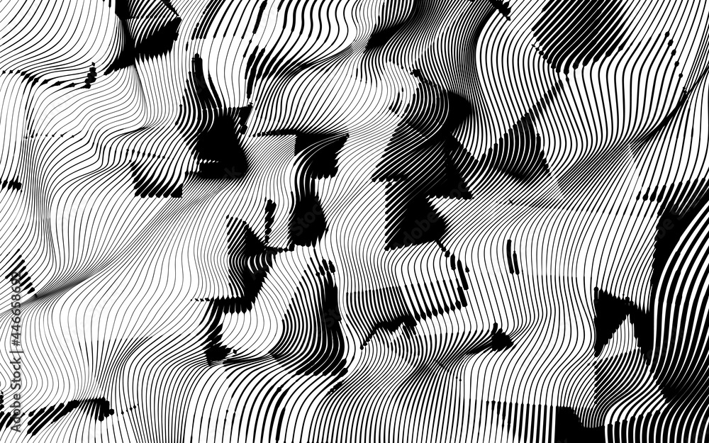 Poster abstract woodcut styled background with waves of lines revealing cube shapes.