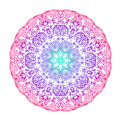 Colorful lacy mandala isolated on white background. Zen doodle circle ornament.