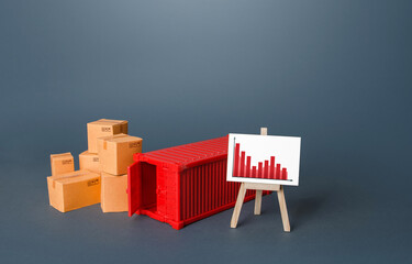 Boxes and container near the easel with falling graph. Drop of transportation volume, world trade...