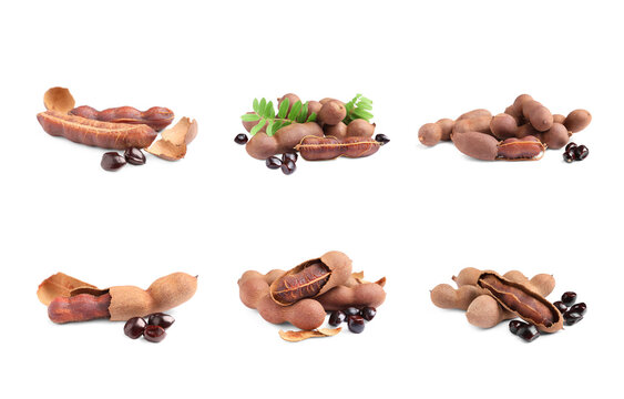 Set with delicious ripe tamarinds on white background. Exotic fruit