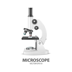 Vector 3d Realistic White Laboratory, School Microscope Isolated on White. Chemistry, Microbiology Tool. Science, Lab, Research, Education Concept. Design Template, Mockup. Front View