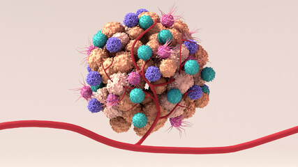 Fototapeta na wymiar Tumor microenvironment, normal cells, molecules, and blood vessels that surround and feed a tumor cell. Microenvironment can affect how a tumor grows and spreads.