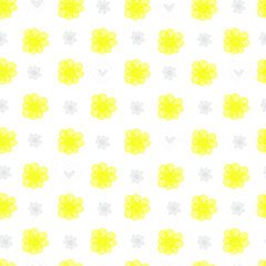 Cute white pattern yellow grey flowers hearts line doodle. Seamless background. Textiles for baby children. Minimalism paper scrapbook for kids.
