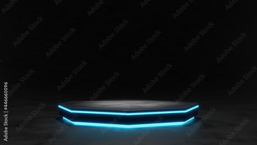 Wall mural sci-fi futuristic podium, futuristic blue glowing empty showcase.blank product pedestal for product 