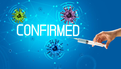 Syringe, medical injection in hand, coronavirus vaccine concept