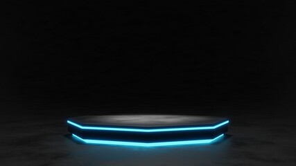 Sci-Fi Futuristic Podium, Futuristic blue Glowing Empty Showcase.Blank product pedestal for product presentation.Future background for design technology Sci-fi interior concept.3d Rendering.