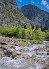 The rushing stream of the Gega river in springtime flows along a rocky riverbed. Abkhazia, near Gega Waterfall. Scenic destination, about 530 m about sea level. Travel, tourism, nature conservation.