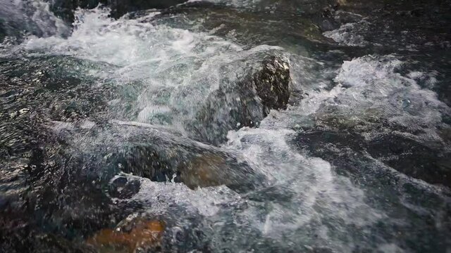 Slow motion of wild clear mountain river , stream flowing through rocks. Close up of river stones with flowing water, clean water flowing in a mountain river