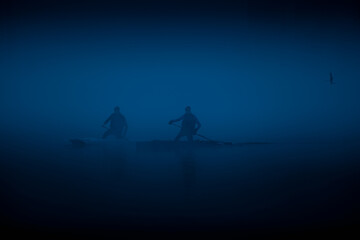 rowing on the river in the fog - 446661067