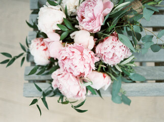 top view of pink peony wedding bouquet