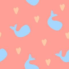 Vector hand drawn childish seamless pattern with cute blue whale silhouette and hearts,simple flat illustration,print for kids,baby fashion,interior design,wallpaper,decoration,coral background. 