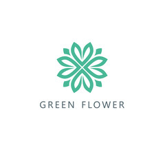 Vector logo design template. Green flower from the leaves. Eco, bio, organic emblem.