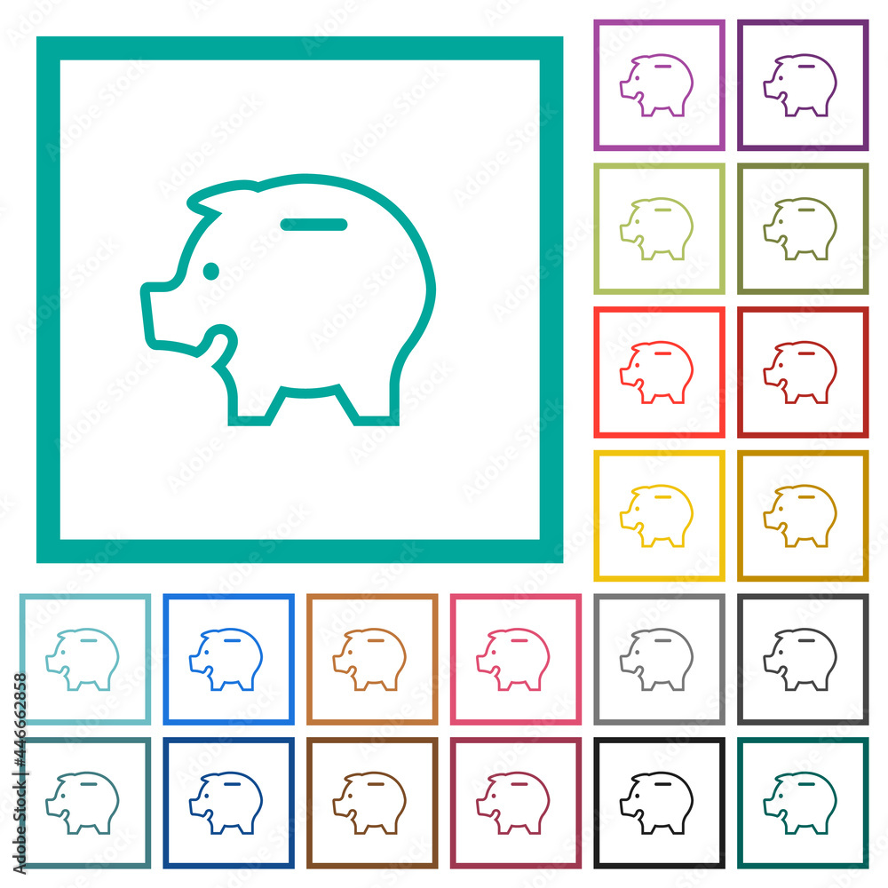 Poster left facing piggy bank outline flat color icons with quadrant frames