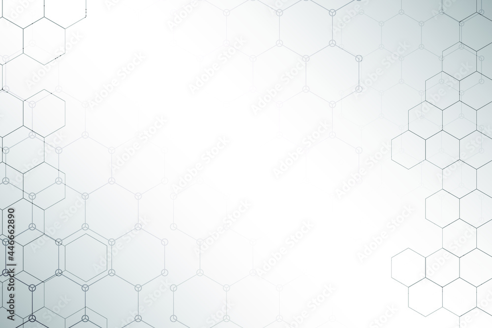 Poster abstract white and grey hexagon background. network and communication with hex texture. medical and 