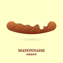 Fried BBQ sausage or grill with sauce, mayonnaise. White background. Vector, illustration