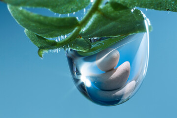 A closeup shot of a water droplet reflecting stones on a blue sky background.
