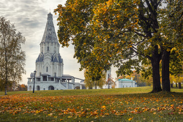 View of Church of the Ascension and architectural complex in Kolomenskoye on autumn day. Moscow