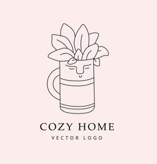 Succulent in face plant pot. Cozy home vector logo in simple linear hand-drawn style. Emblem, sign, element for interior store.