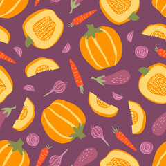 Seamless pattern with vegetables on a purple background. Pumpkin, carrot, eggplant, onion on a purple background. Design for kitchen textiles. Flat vector illustration.