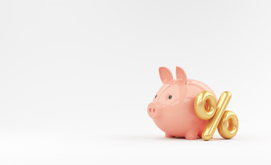 Pink piggy bank with gold percentage on a white background. 3d render illustration.