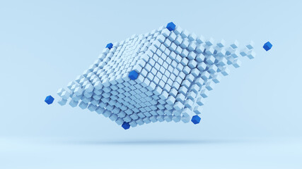 Abstraction from flying blue cubes on a blue background. 3d render illustration for ideas.