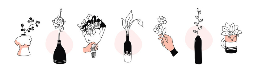 House plant, hands holding flowers, bouquet, woman bust vase, face pot. Trendy elegant art. Hand drawn vector illustrations.