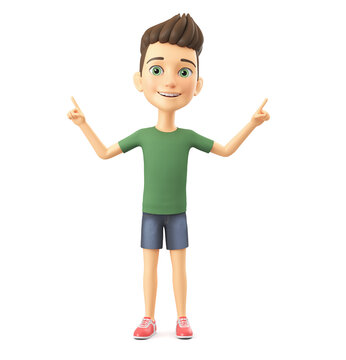 Cheerful cartoon character boy in a green T-shirt points two fingers up. 3d render illustration.