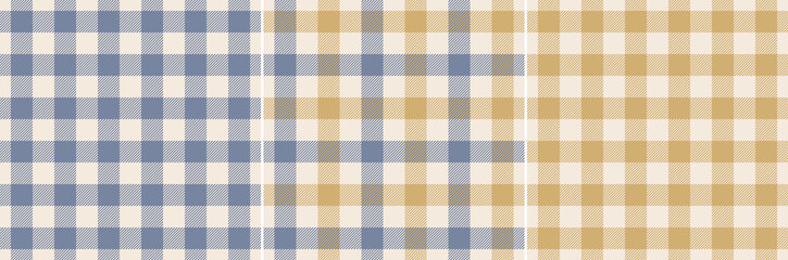 Gingham check pattern set in blue, gold, off white. Seamless striped texture. Vichy vector for flannel shirt, tablecloth, oilcloth, picnic blanket, dress, other modern spring autumn fashion textile.