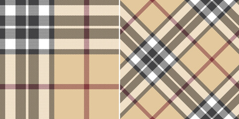 Tartan plaid pattern in grey, beige, red, white. Seamless traditional Thomson tartan check graphic vector for scarf, carpet, rug, blanket, duvet cover, other spring summer autumn winter textile print.