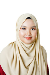 Asian muslim woman pointing her finger on isolated white background, advertising concept.