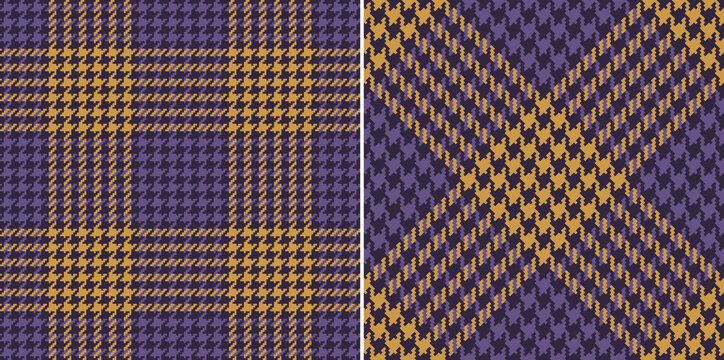Plaid pattern houndstooth check in purple and gold. Seamless dark dog tooth graphic vector background for dress, scarf, jacket, trousers, other modern spring autumn fashion textile design.