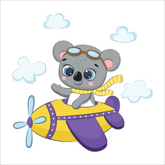 Cute baby koala flying on a plane. Cartoon vector illustration.