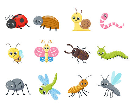 A collection of cute insects. Funny bugs, snail, fly, bee, ladybird, spider, mosquito. Cartoon vector illustration.