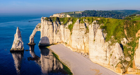 High angle view of The Needle and the arch of the Aval cliff in Etretat, France