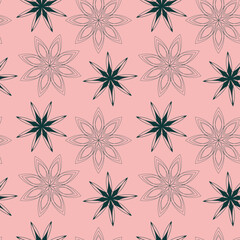 Vector green snowflake stars pink seamless pattern