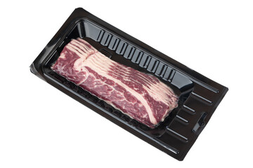 Bacon in the package on a white background. Vacuum packed bacon isolated on white background.